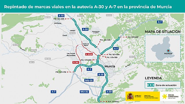 Transportes licita por 1,5 millones de euros el repintado de las autovías A-30 y A-7 a su paso por Lorquí, Molina de Segura y Murcia